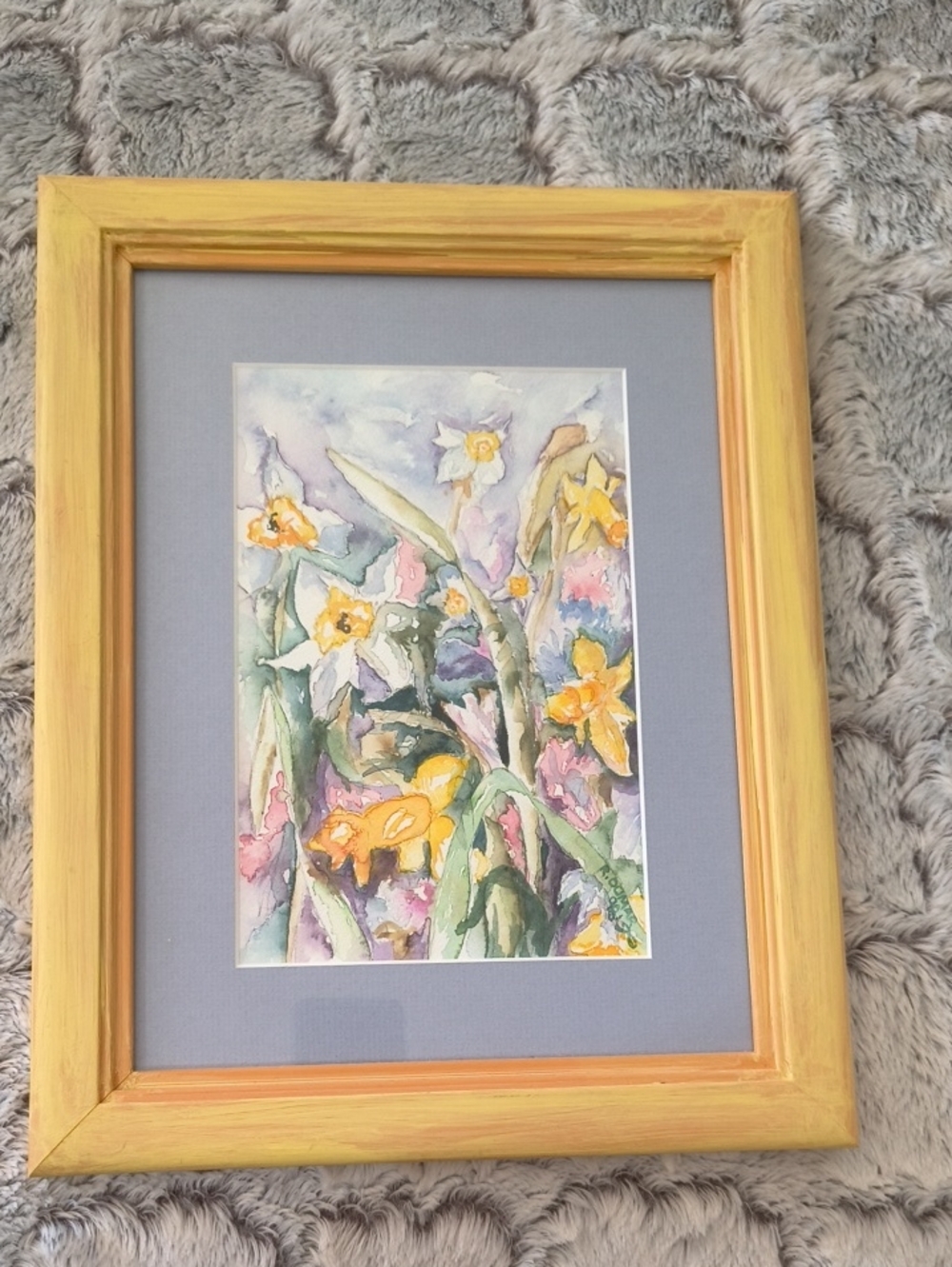 Framed Watercolor Floral Artwork with Yellow Painted Wood Frame